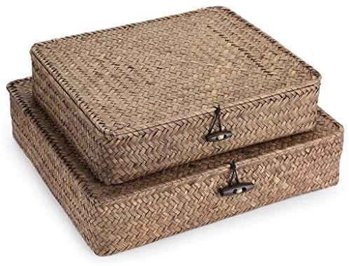 Hipiwe Set of 2 Flat Woven Wicker Storage Bins with Lid Natural Seagrass Basket Boxes Multipurpos... | Amazon (US)