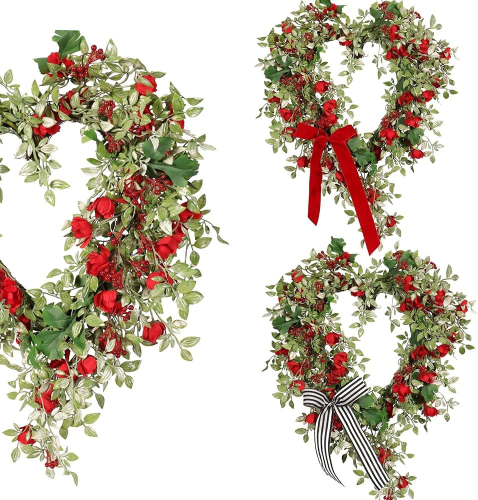Amazon.com: Quixem Valentines Day Wreath Spring Heart Wreath - 22IN, Green Wreath with Red Berry ... | Amazon (US)