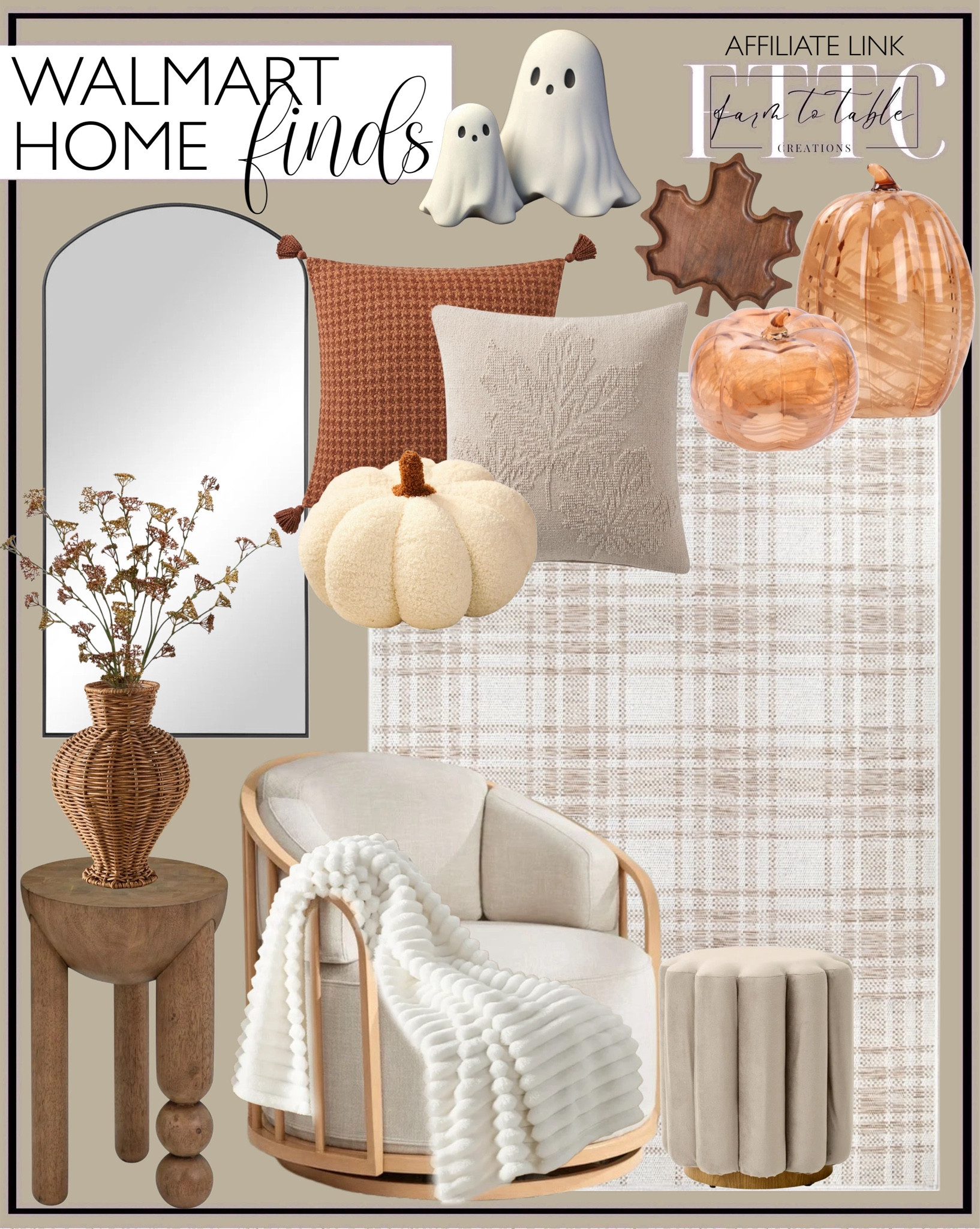 Walmart Home Finds. Follow @farmtotablecreations on Instagram for more inspiration.

Hampshire Plaid Rug. Better Homes & Gardens 33"H Artificial Indoor Dried Rice Stems Fall Bundle. Marble Glass Pumpkin. Better Homes & Gardens Lillian Swivel Birdcage Chair, Linen. Rattan Vase. Arch Mirror. Mini Ghost Figurines Cute Halloween Decor. Cognac accent table. Leaf shaped mango wood tray. Beautiful houndstooth pillow. Pumpkin throw pillow. Lillian Velvet Tufted Ottoman, Beige. Leaf Textured throw pillow. Cozy Comfort White Fleece Throw Blanket. 

Walmart Decor | Walmart Home Finds | Walmart Fall Decor | Fall Decor | Cozy Fall Decor | Better Homes & Gardens | My Texas House | Beautiful By Drew Barrymore 




#LTKSaleAlert #LTKHome #LTKFindsUnder50