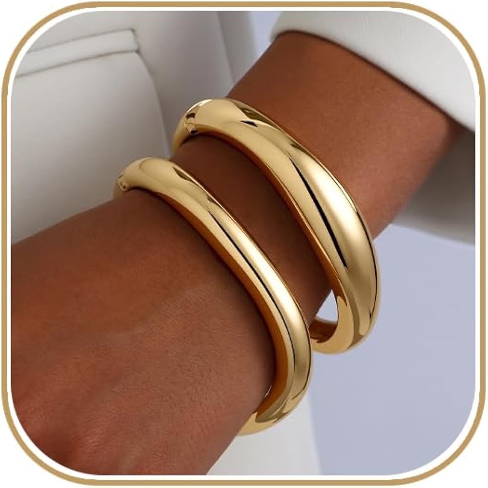 2pcs Gold Bangle Bracelets for Women, Trendy Hinged Cuff Open Wide Chunky Gold Bracelet Stack Arm... | Amazon (US)