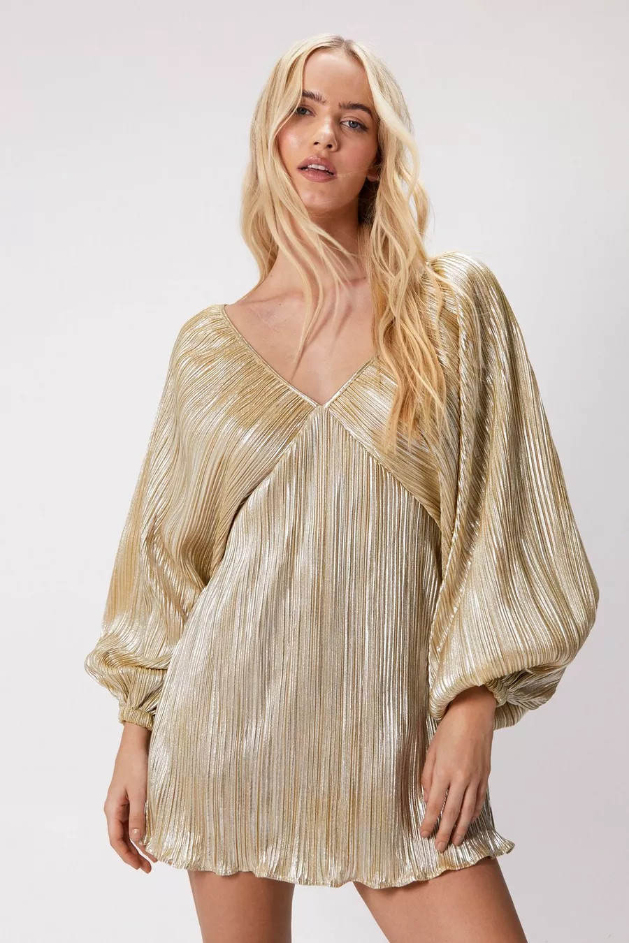 Metallic Pleated Balloon Sleeve Mini Dress | Nasty Gal US