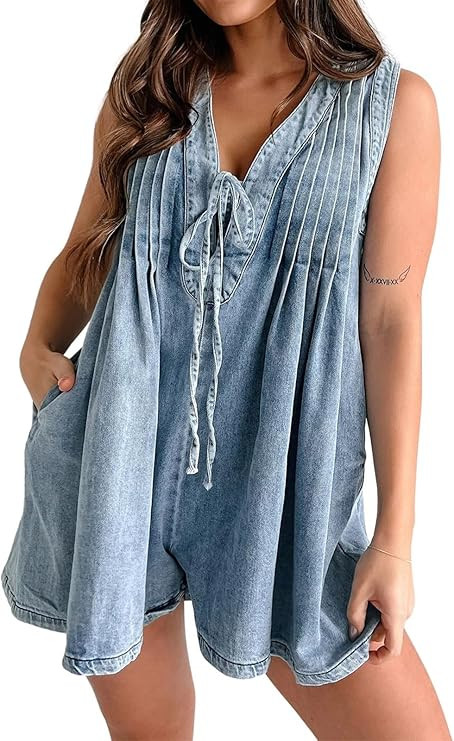 utcoco Womens Summer Casual Sleeveless Denim Romper Tie Front V Neck Jean Overall Shorts Romper W... | Amazon (US)
