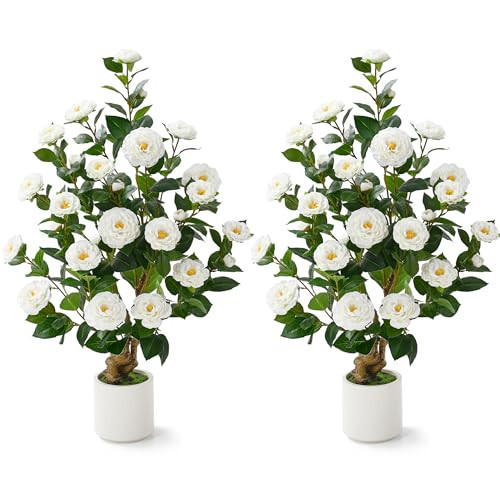 2 Pcs Artificial Camellia Tree, 38" Artificial Tree Plants Outdoor Faux Plants in Pot, Artificial Flower for Outdoors Front Porch Decor, Greenery Faux Fake Tree Plant for Indoor Outdoor Home Decor | Amazon (US)