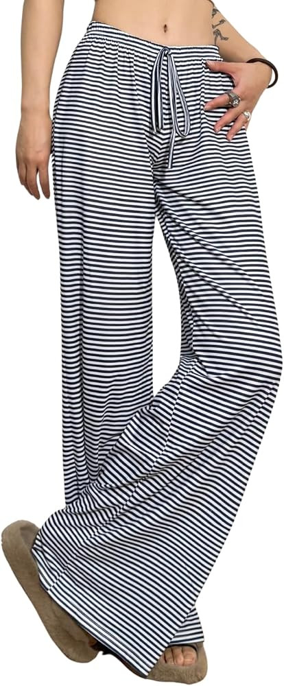Striped Wide Leg Pants for Women - Casual Loose Fit High-Waisted Drawstring Pajama Pants - Straig... | Amazon (US)