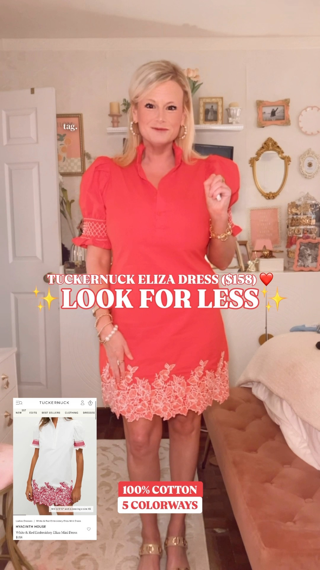 Tuckernuck Eliza dress lookalike, Tuckernuck look for less, embroidered mini dress, red wedding guest dress, cotton summer dress, preppy dress women, Amazon dress women

This Amazon dress is the Tuckernuck Eliza look without the $158 price tag, and the details are top tier. 

The ruffle stand collar. The button front. The puff sleeves. The white embroidery at the cuffs and hem. The easy shift silhouette. It has that polished Tuckernuck-style dress formula women love but this one is on a budget. 

100% cotton, lightweight, breathable, and comfortable for warm weather. I’m in a medium. The fit is easy through the body with that classic shift dress shape. 

The red is such a good one for Memorial Day outfits, Fourth of July outfits, summer parties, vacation dinners, patriotic outfits, and wedding guest dress outfits. It also comes in 5 colors, including softer and more neutral options.

Why it works:
✨ Tuckernuck Eliza dress lookalike
✨ 100% cotton summer dress
✨ embroidered hem dress
✨ puff sleeve mini dress
✨ ruffle collar dress
✨ button front shift dress
✨ 5 colors
✨ Amazon look for less

Wear it for wedding guest dress plans, bridal showers, baby showers, brunch, church, vacation, summer dinners, work events, graduation parties, Memorial Day, Fourth of July, and all the warm-weather plans where you want to nail that Tuckernuck look without the $158 price tag. 

Tuckernuck Eliza dress lookalike, Tuckernuck inspired dress, Tuckernuck look for less, embroidered mini dress, red dress women, red wedding guest dress, cotton mini dress, summer dress women, spring dress women, puff sleeve dress, shift dress women, preppy style women, Amazon dress women, designer look for less

#LTKFindsUnder50 #Tuckernuck #LookForLess #WeddingGuestDress #PreppyStyle #SummerDress #AmazonFashion #WeddingGuestOutfit

#LTKSeasonal #LTKWedding #LTKPetite