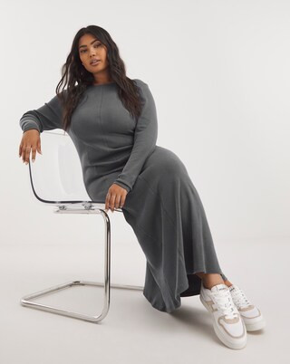 Grey Long Sleeve Contrast Stitch Ribbed Midaxi Column Dress | Simply Be (UK)