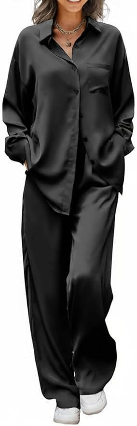 Ekouaer Womens Satin Silky Pajama Set 2 Piece Print PJs Soft Loungewear Button Down Sleepwear wit... | Amazon (US)