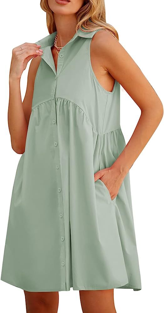 DEEP SELF Women Summer Collared Shirt Dress Casual Loose Button Down Short Dress V Neck Tunic Min... | Amazon (US)