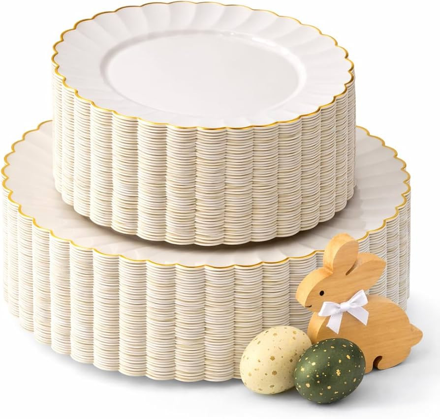 By Madee HEAVYWEIGHT 100 Pc Ivory and Gold Easter Plastic Plates for Party | Ivory and Scalloped ... | Amazon (US)