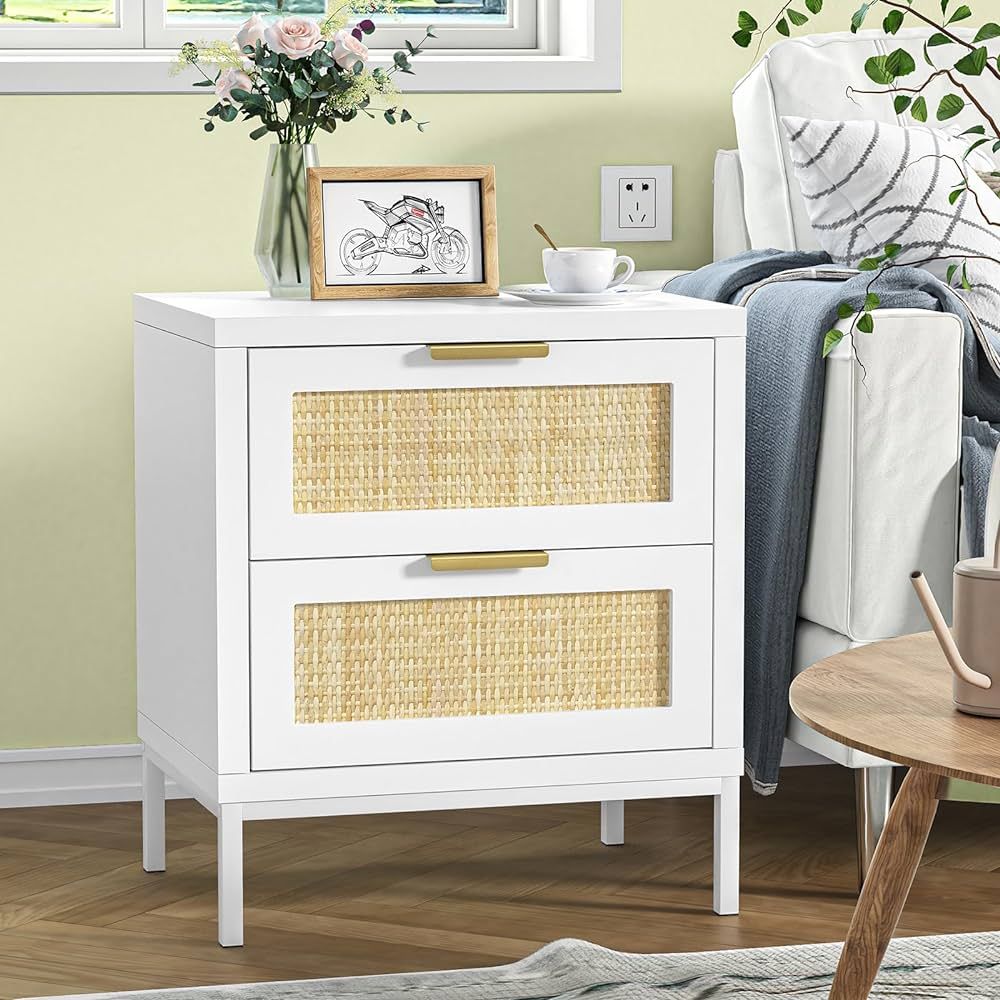 Anmytek Rattan Nightstand with 2 Drawers, White Nightstand Farmhouse Bedside Table Wood Side End ... | Amazon (CA)