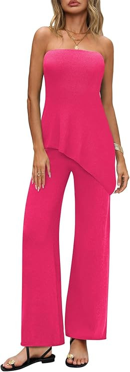 Womens 2 Piece Sets Summer Travel Vacation Outfits 2025 Lounge Matching Sweater Set Knit Tube Top... | Amazon (US)