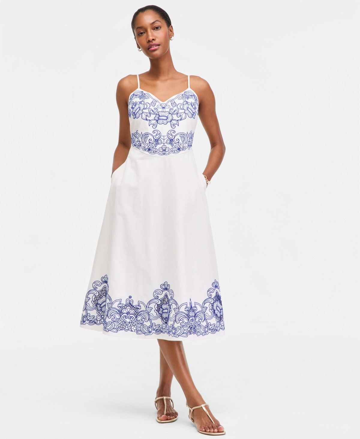 On 34th Women's Linen Blend Solid Cutwork Tank Midi Dress, Macy's Exclusive - Winter Ivory | Macy's