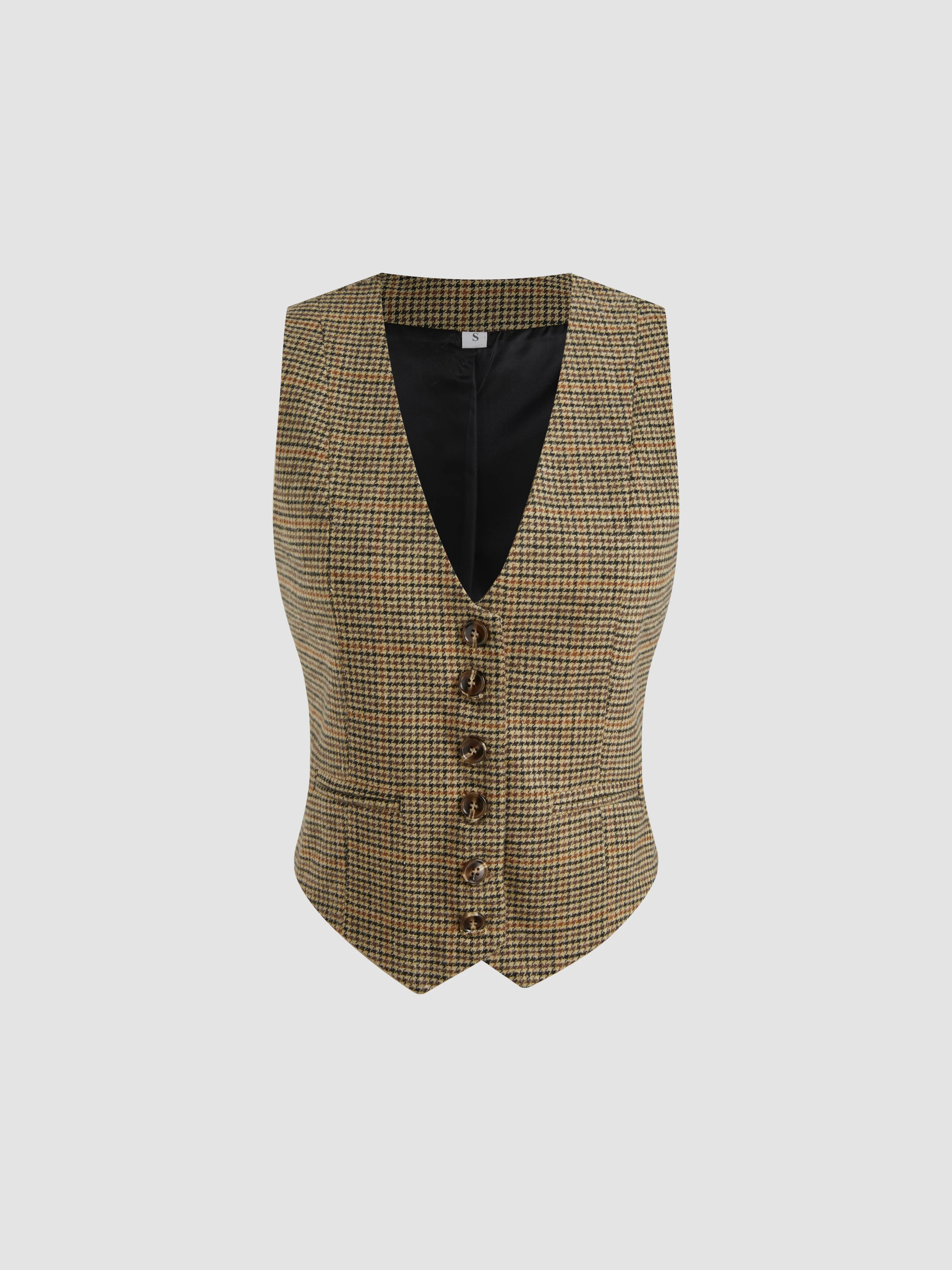 Woven V-neck Check Button Blazer Vest For School Work | Cider
