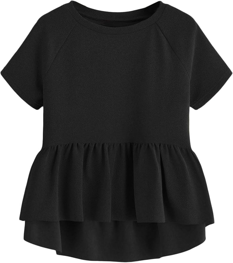 SheIn Women's Cute Short Sleeve Ruffle High Low Hem Smock Peplum Blouse Top | Amazon (US)