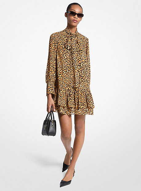 Leopard Print Georgette Tie-Neck Dress | Michael Kors US