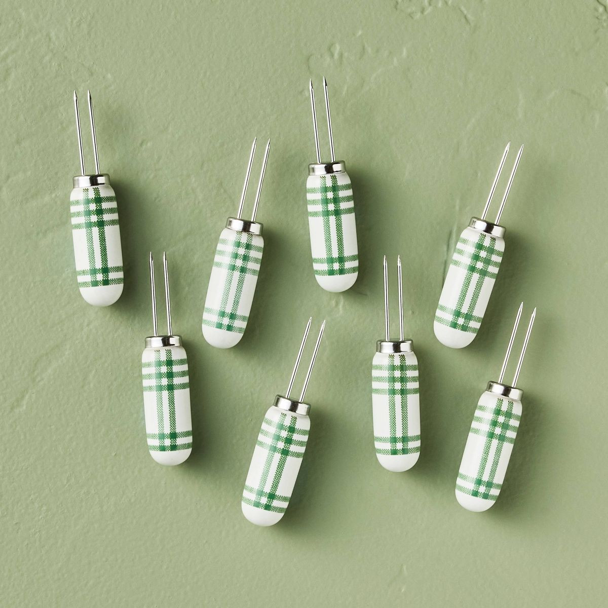 Tri-Stripe Plaid Corn Holders Green/Cream (Set of 8) - Hearth & Hand™ with Magnolia | Target