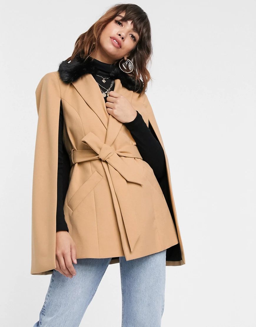 River Island cape jacket with contrast faux fur collar in camel-Tan | ASOS (Global)