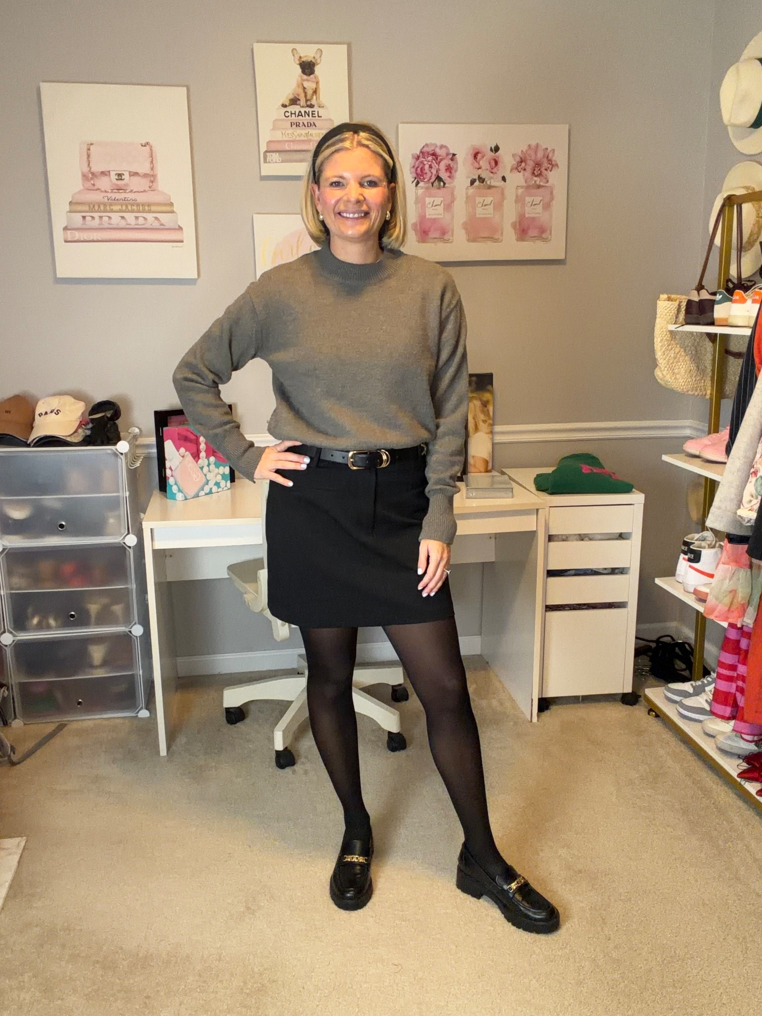 Black mini skirt with belt loops TTs
Grey wool sweater TTs
Black and gold loafers TTS

#LTKootd #LTKWorkwear #LTKMidsize