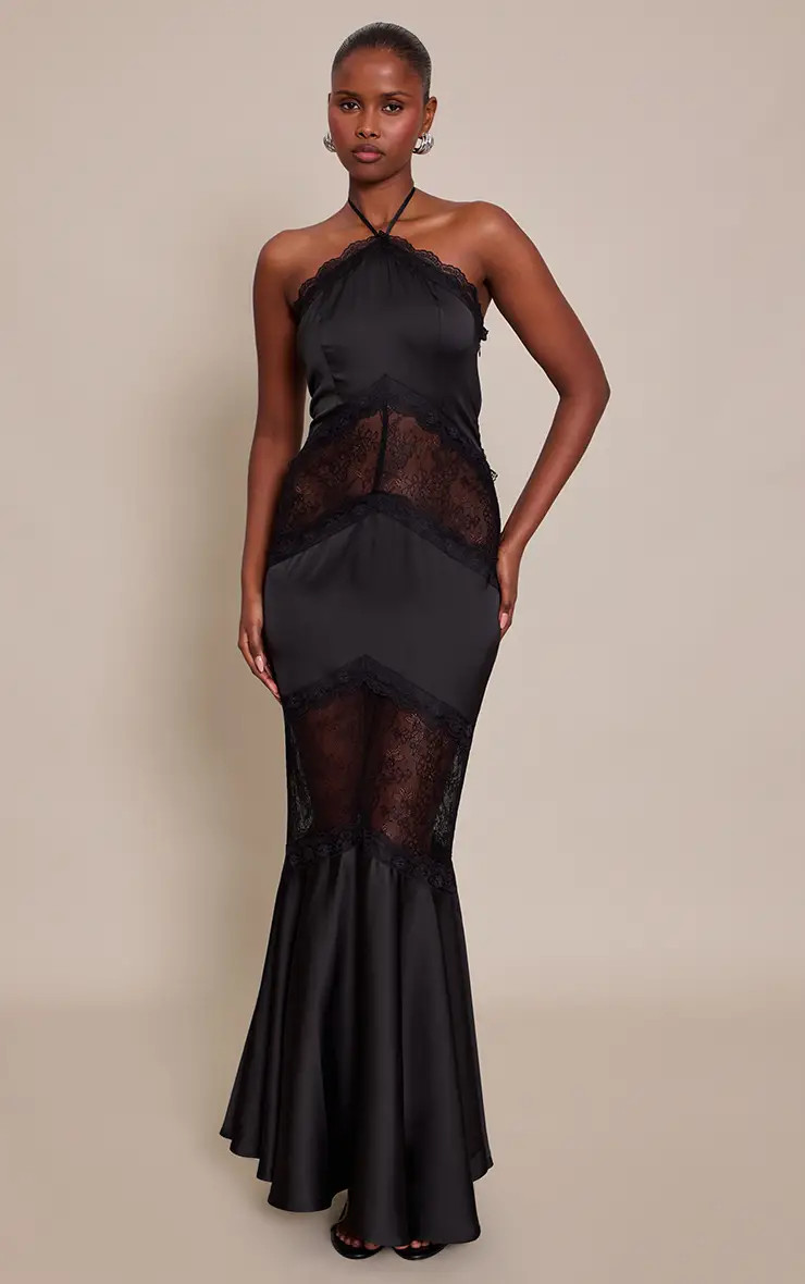 Black Satin Halterneck Lace Maxi Dress | PrettyLittleThing US