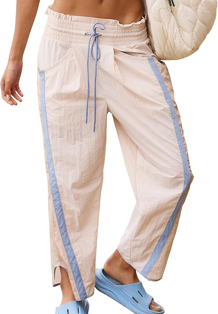 Casual Wide Leg Pants Woman Drawstring Elastic Waist High Rise Strip Flowy Long Lounge Trousers w... | Amazon (US)