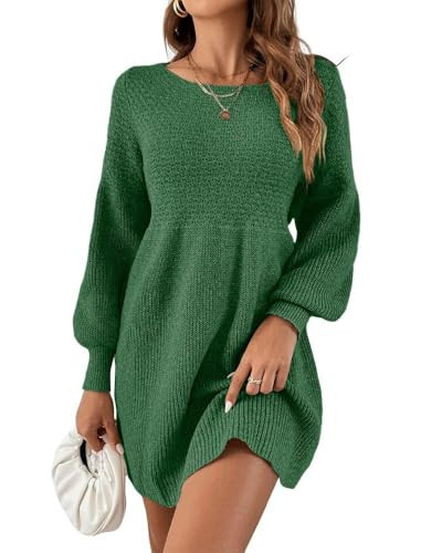 Saodimallsu Damen Rundhals Strickkleid Puffärmel Hoch Tailliert Pulloverkleid Elegant Strickpullover Kleid A-Linie Minikleid Grün X-Groß | Amazon (DE)