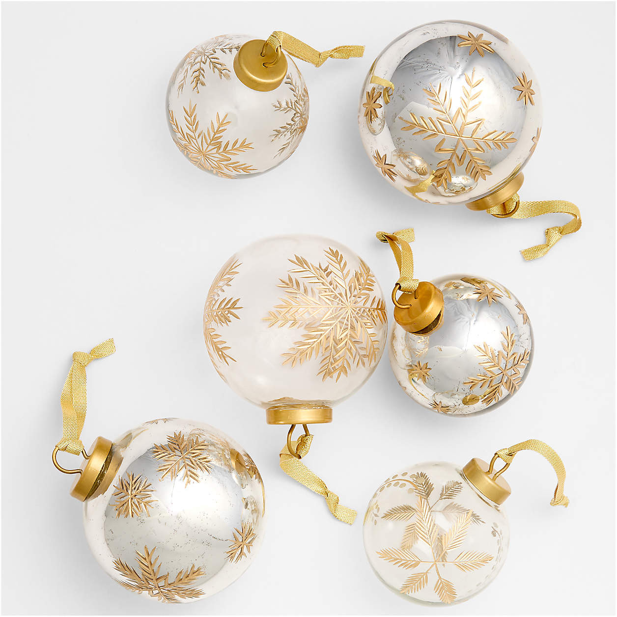 Metallic & Clear Glass Snowflake Christmas Tree Ornaments, Boxed Set of 6 | Crate & Barrel | Crate & Barrel