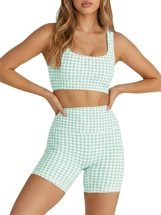 Womens Workout Gingham 2 Piece Outfits Padded Crop Tank Shorts Sets | Amazon (US)