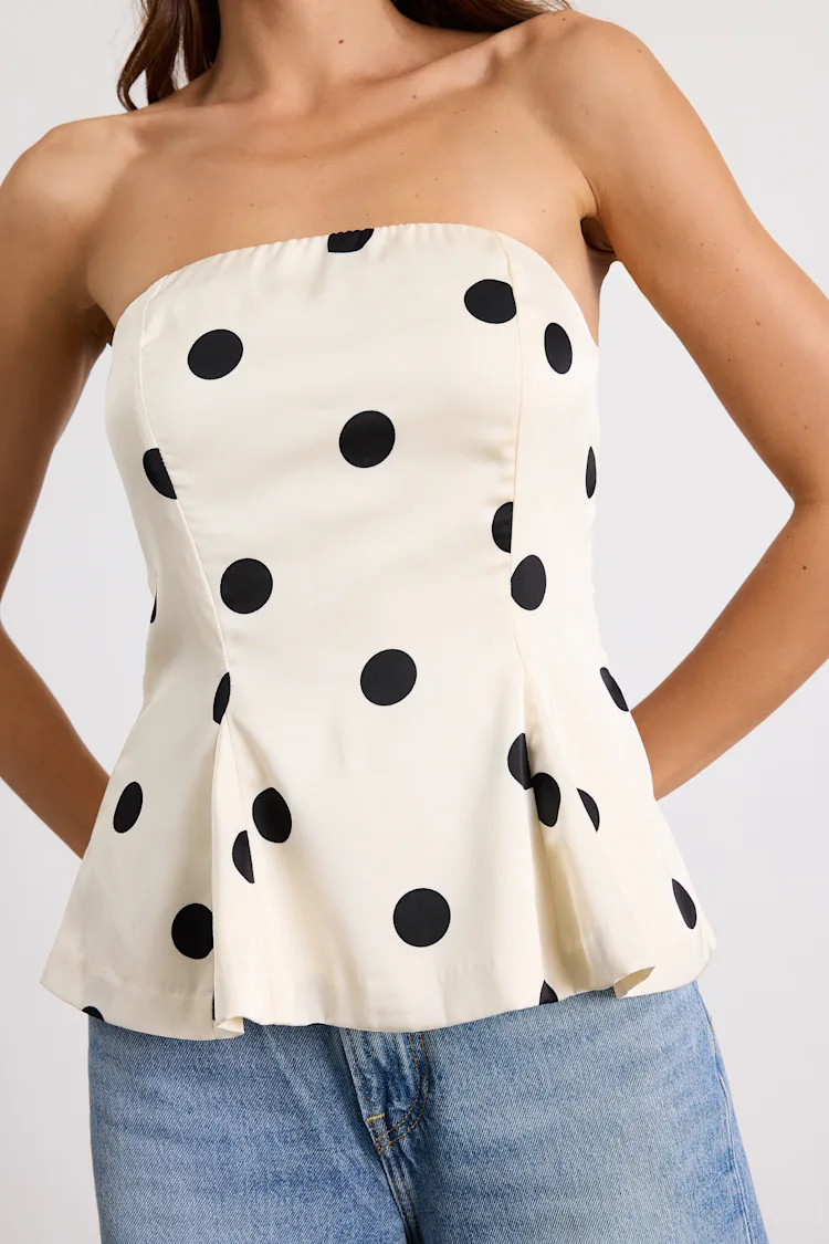 Huttley Ivory Polka Dot Strapless Peplum Top | Lulus