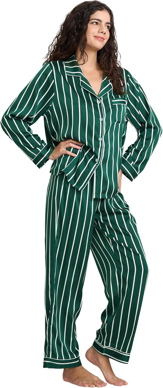 Womens Silk Satin Pajamas Set Button Down 2 Piece Pjs Long Sleeve Oversized Sleepwear with Pocket... | Amazon (US)