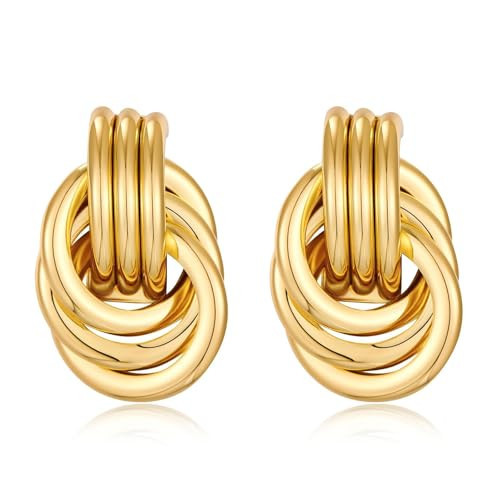 JeanBeau Statement Gold Knot Stud Earrings for Women Chunky Trendy Geometric Lightweight Hollow Twisted Dangle Drop Earings Fashion Jewelry Gift | Amazon (US)