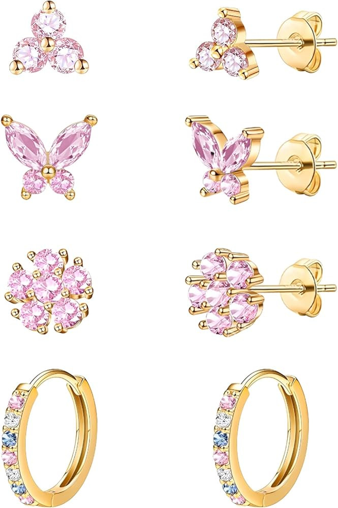 20G Gold Studs Earrings for Women,14K Gold Plated Hypoallergenic Butterfly Earrings for Girls,4 P... | Amazon (US)