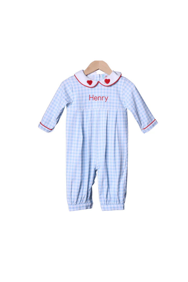 French Knot Heart Blue Gingham and Romper | The Smocked Flamingo