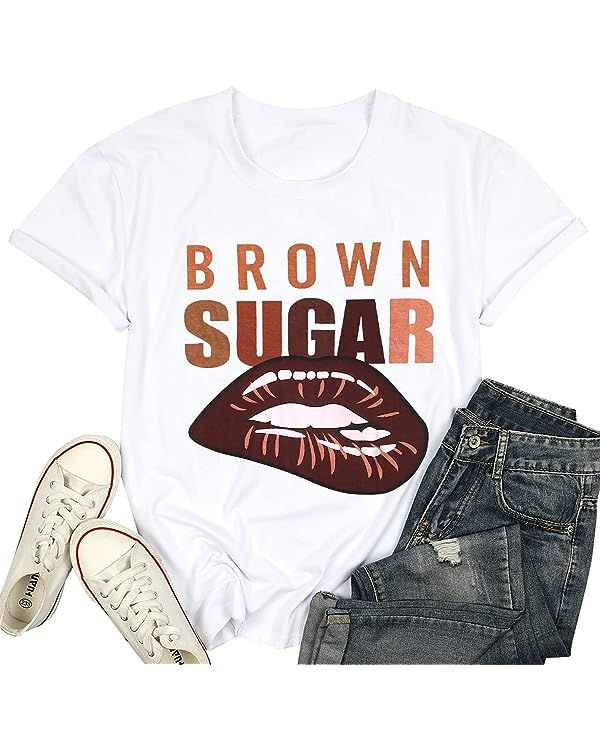 Brown Sugar T-Shirt Afro Women Funny Letter Print Tshirts Black Queen Lips Graphic Tee Tops Casua... | Amazon (US)