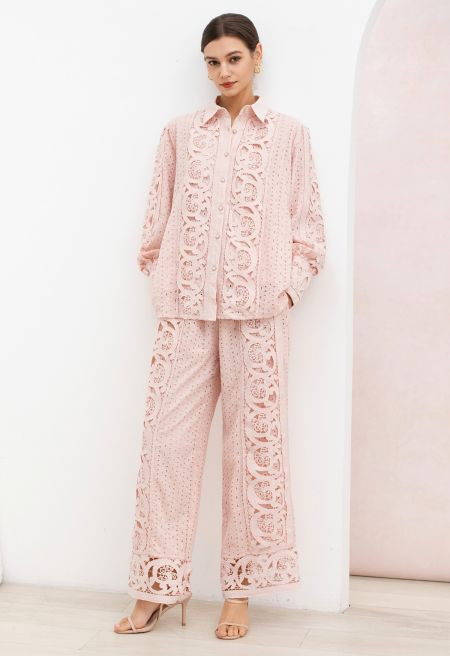 Cutwork Embroidery Eyelet Cotton Shirt and Pants Set in Light Pink for Retro Themed Gatherings & ... | Chicwish