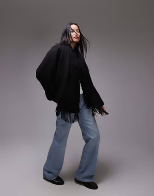 ARKET wool blend longline scarf jacket with fringe tassels in black | ASOS (Global)