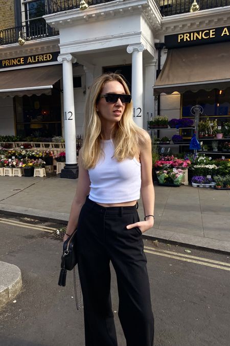 Minimal style, street style, casual elegant, easy outfit, everyday style, outfit inspiration, clean girl aesthetic, diorsignature rectangular sunglasses, white ribbed tank top, black straight trousers, loafers, black bag, spring transitional outfit 

#LTKeurope #LTKfit