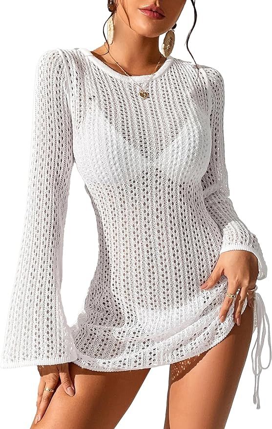 Womens Swimsuit Cover Up Crochet Coverups Hollow Out Bell Long Sleeve Drawstring Bathing Suits Sw... | Amazon (US)