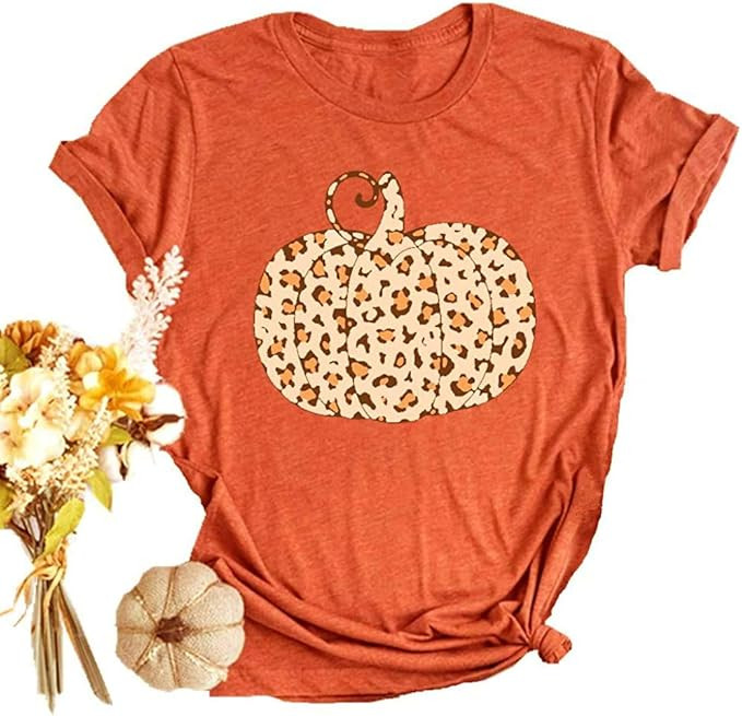 Halloween Pumpkin Shirt Women Plaid Leopard Graphic Tees Funny Cute Short Sleeve Fall Shirt Thank... | Amazon (US)