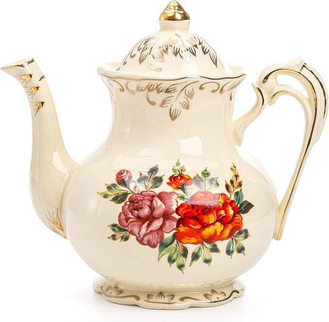Okllen Floral Vintage Teapot, 29 Oz Flowering Shrubs Tea Pot with Gold Leaf Edge, European Style ... | Amazon (US)