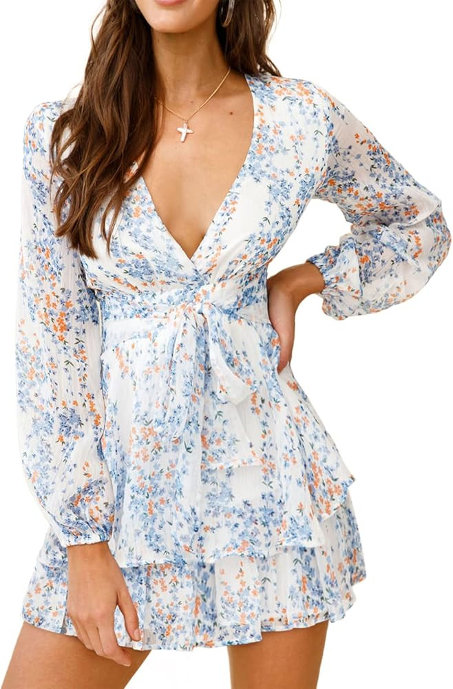 AlvaQ Womens Spring Summer Knot Front V Neck Ruffles Long Sleeve Floral Print Swing Mini Dress | Amazon (US)