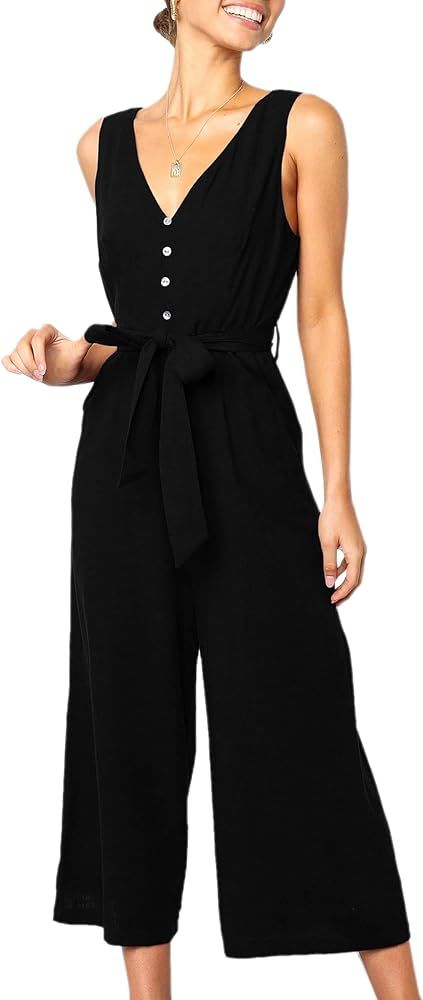 Womens Jumpsuits Casual Button Deep V Neck Sleeveless High Waist Wide Leg Jumpsuit Rompers with P... | Amazon (US)