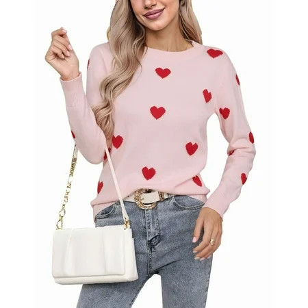 Heart Sweater for Women Valentine's Day Cute Heart Printed Lightweight Sweaters Casual Creneck Pullover Shermie | Walmart (US)