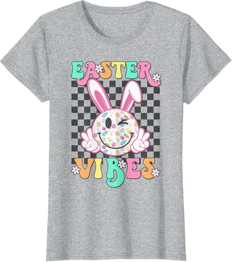Retro Groovy Easter Vibes Bunny Checkered Smile Womens Girls T-Shirt | Amazon (US)
