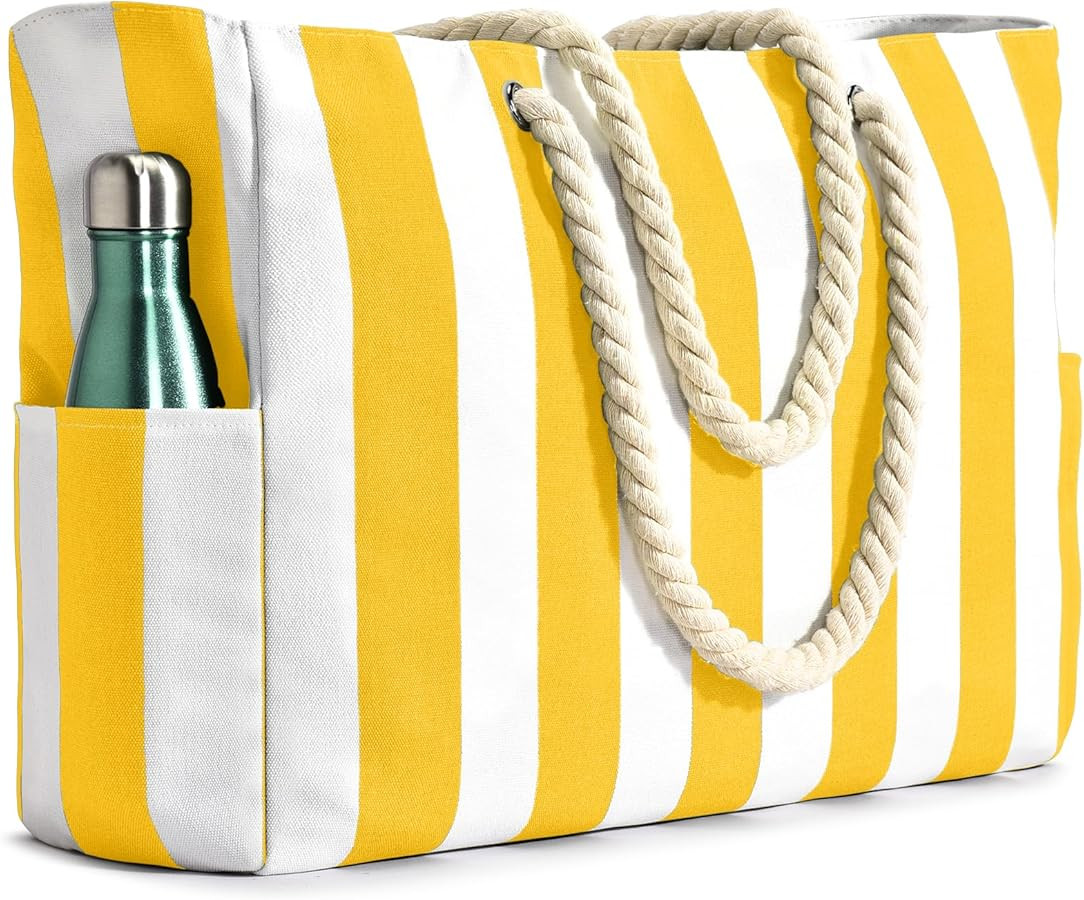 Becokan Women's Pool Swim Bag - Waterproof Sandproof Large Stripe Beach Tote with Zipper | Amazon (US)