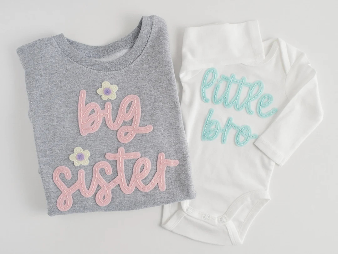 Little Sister and Little Brother Hand-embroidered Bodysuit Baby Announcement Shirt Lil Bro & Lil ... | Etsy (US)