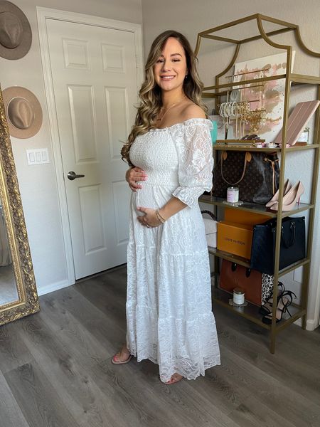 Lace white dress (wearing small), DSW Nude Heels (tts/beige), off shoulder dress, white dress, lace dress, spring outfit, spring dress, summer outfit, summer dress, maxi dress, stretchy dress, comfy dress, casual dress, cute dress, dress outfit, bump friendly, maternity dress, Amazon fashion #dress 

#LTKstyletip #LTKFind #LTKbump