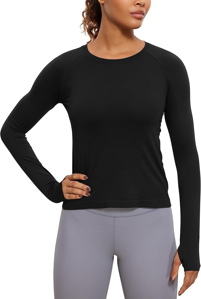 CRZ YOGA Womens Seamless Ribbed Workout Long Sleeve Shirts Quick Dry Gym Athletic Tops Breathable Ru | Amazon (US)