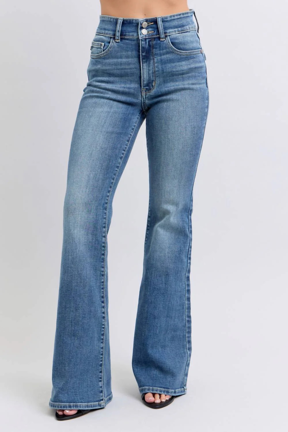 Double Button Waistband Flare Jean In Blue | Shop Simon