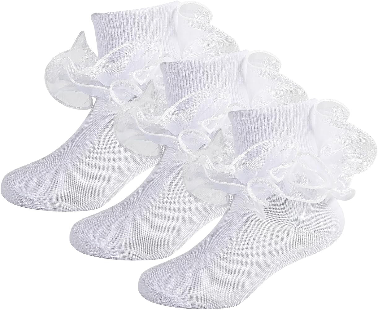 Girls Ruffle Socks Double Lace Turn Cuff Frilly Church Dress Socks | Amazon (US)