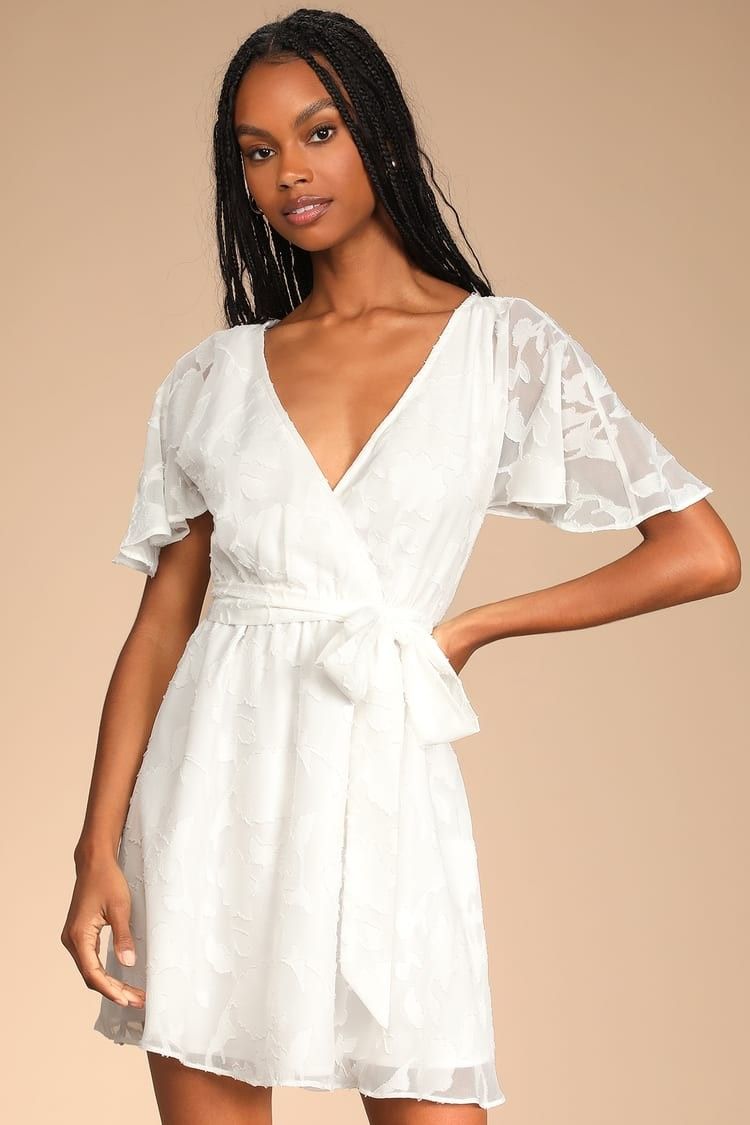 White Burnout Jacquard Flutter Sleeve Mini Dress White Dress White Dresses Beach Vacation Outfits  | Lulus (US)